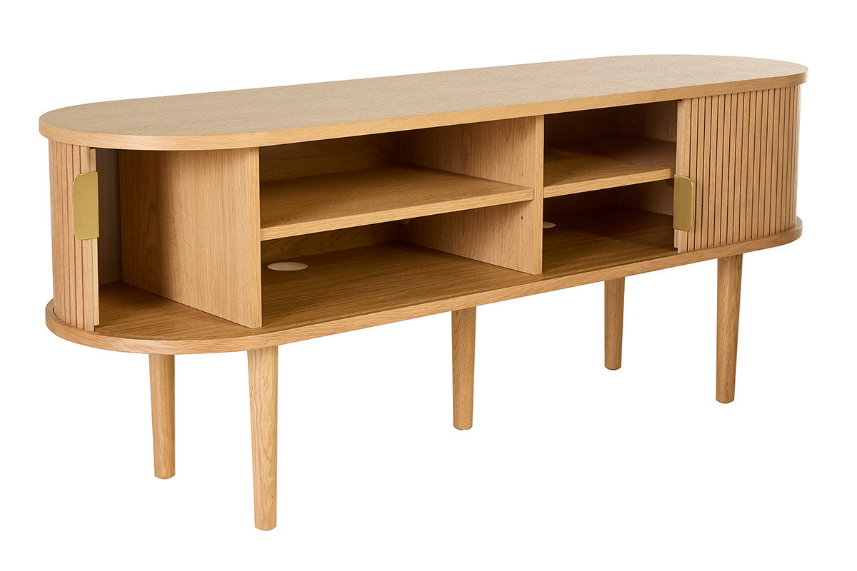 Meuble TV vintage bois clair ch�ne avec rangements 2 portes coulissantes L138 cm EPIC