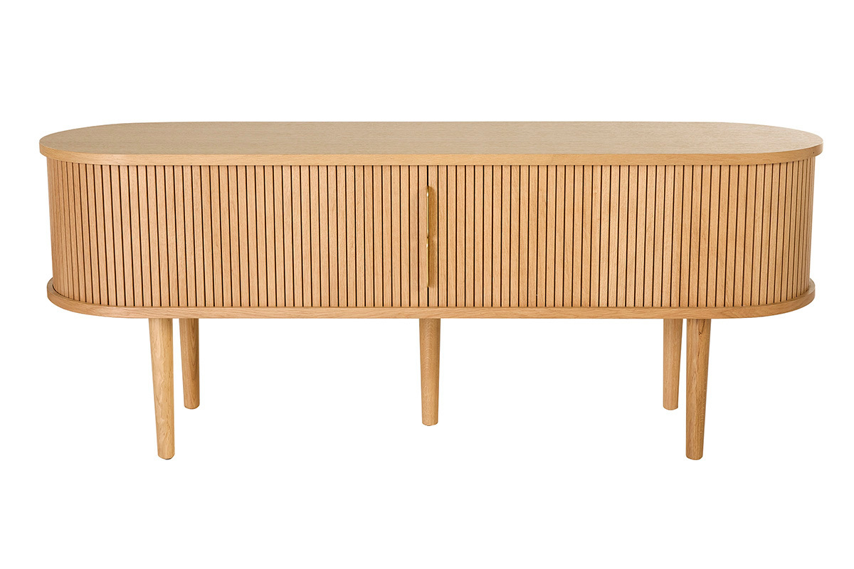 Meuble TV vintage bois clair ch�ne avec rangements 2 portes coulissantes L138 cm EPIC