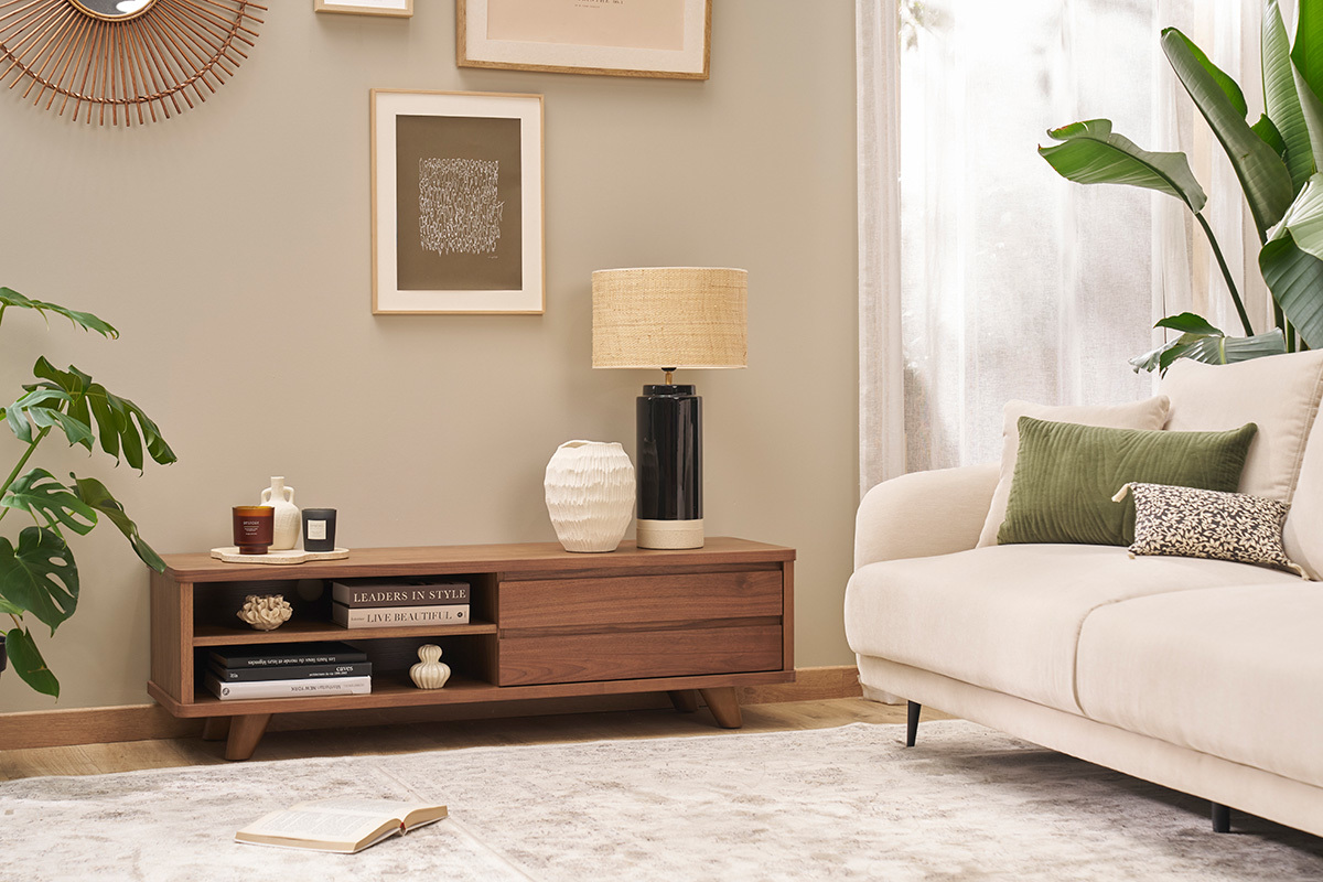 Meuble TV vintage bois fonc avec tiroirs L140 cm FIFTIES