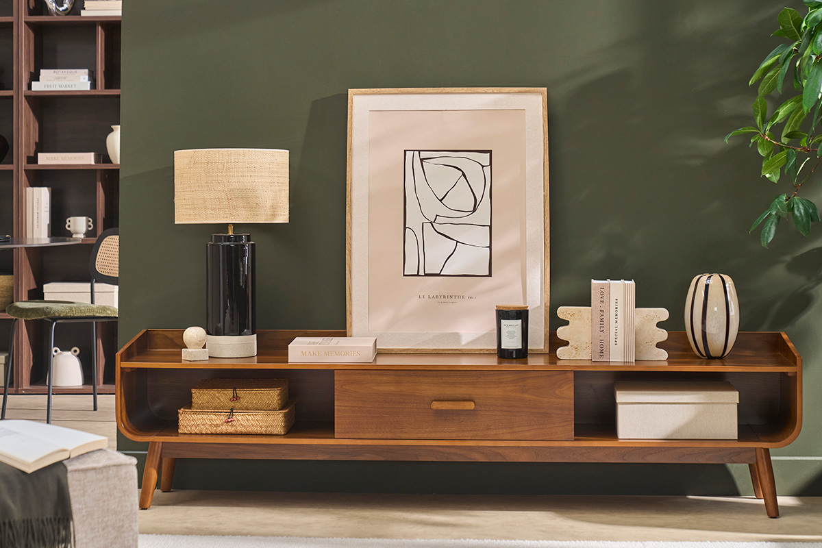 Meuble TV vintage bois fonc� noyer L200 cm HALLEN