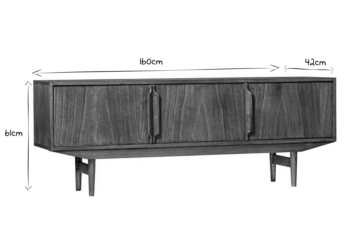 Meuble TV vintage en bois fonc 3 portes L160 cm SEVEN