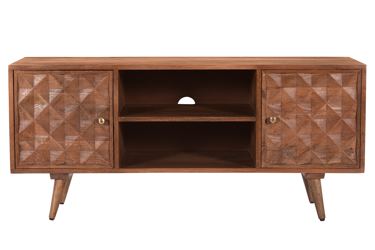 Meuble TV vintage en bois foncé manguier massif avec portes gravées motif pointe de diamant L115 cm HIRA