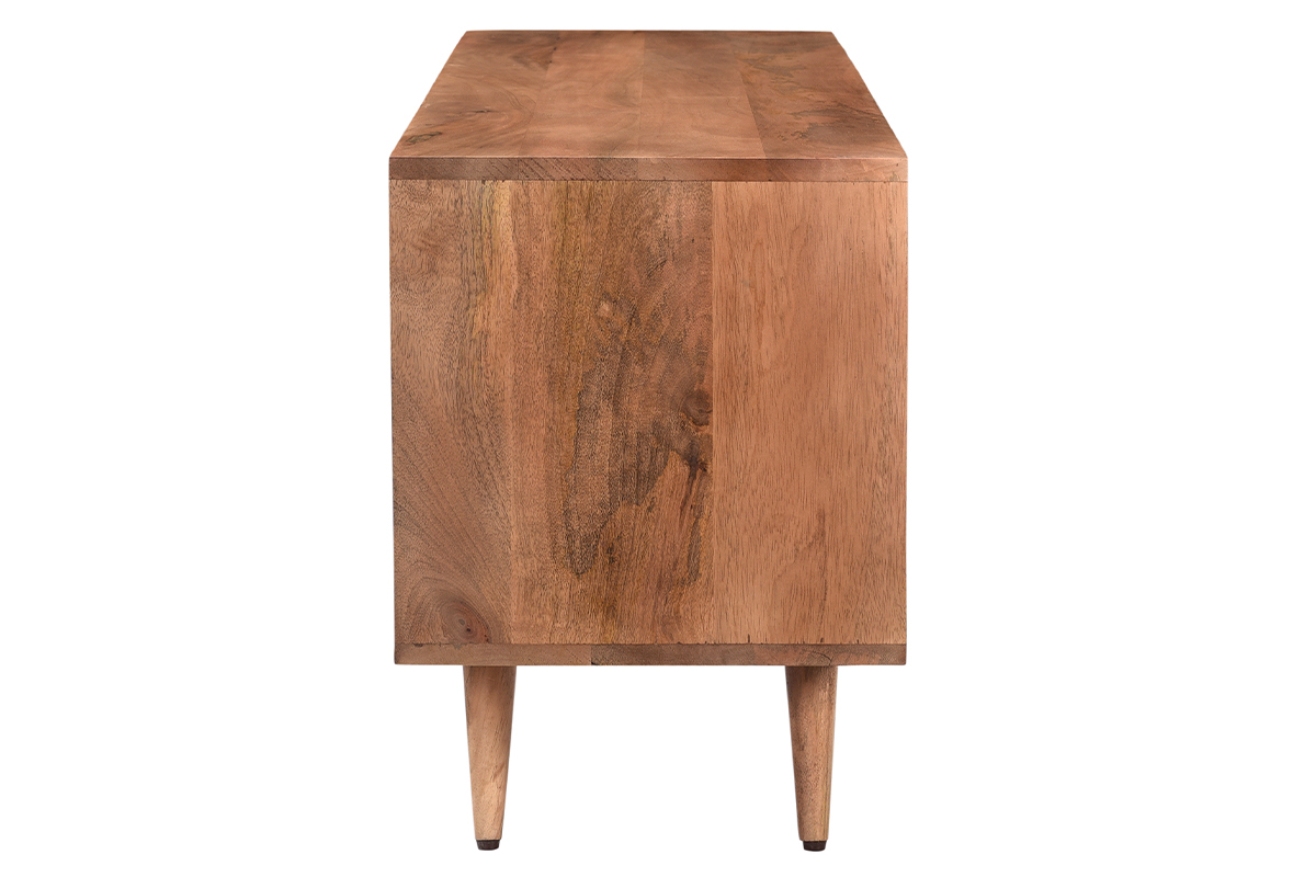 Meuble TV vintage en bois foncé manguier massif avec portes gravées motif pointe de diamant L115 cm HIRA