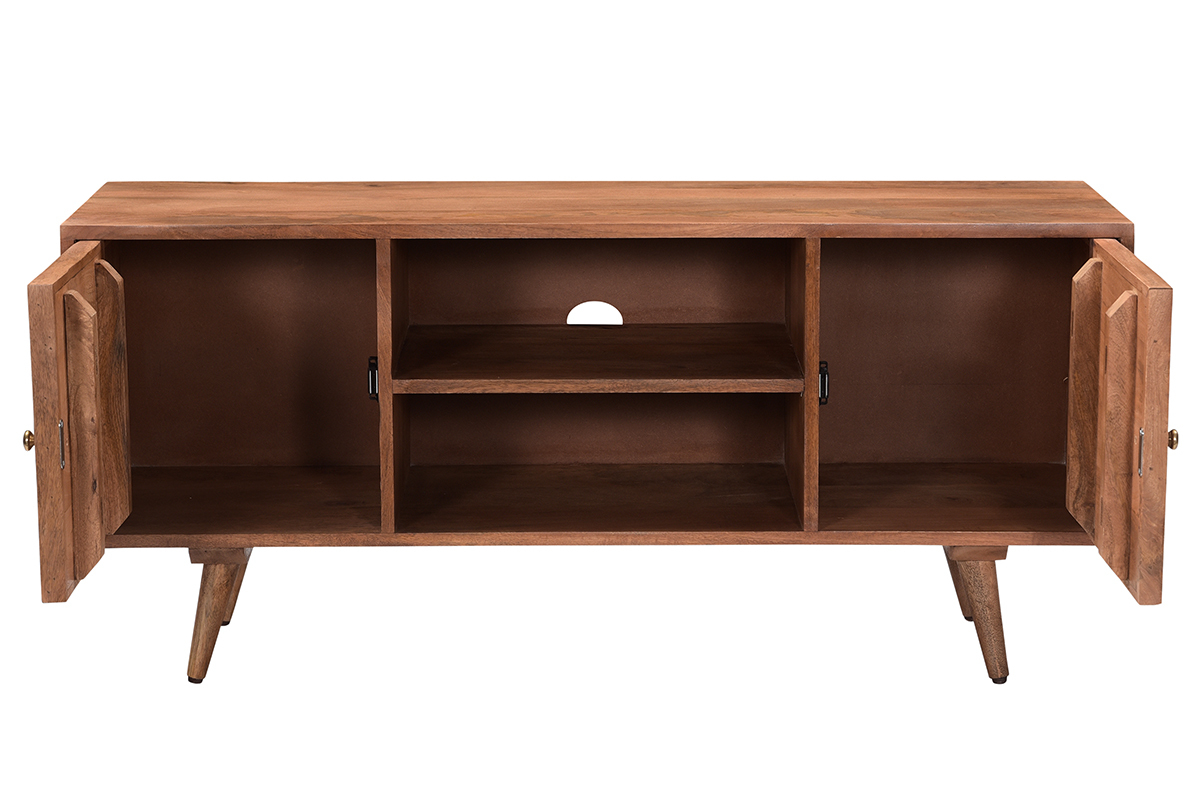 Meuble TV vintage en bois foncé manguier massif avec portes gravées motif pointe de diamant L115 cm HIRA
