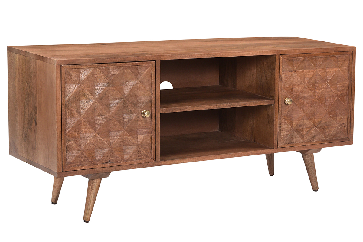 Meuble TV vintage en bois foncé manguier massif avec portes gravées motif pointe de diamant L115 cm HIRA