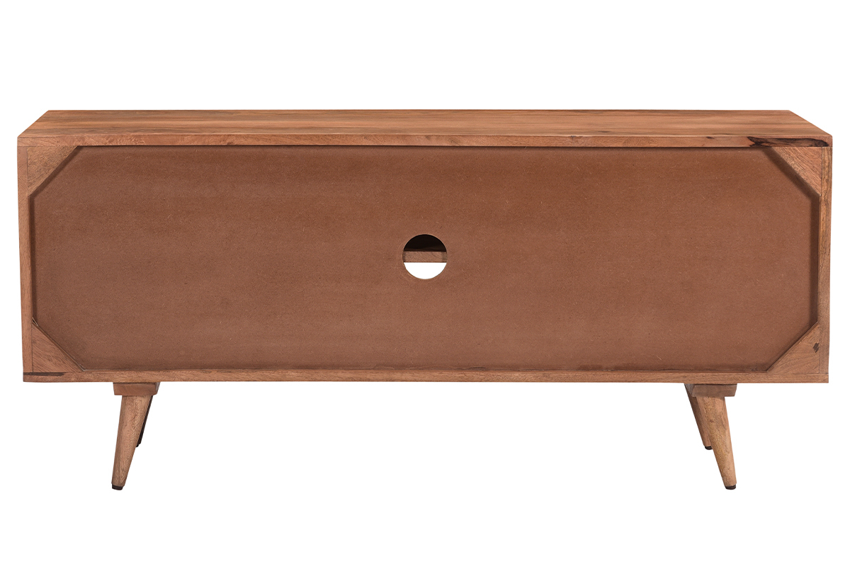 Meuble TV vintage en bois foncé manguier massif avec portes gravées motif pointe de diamant L115 cm HIRA