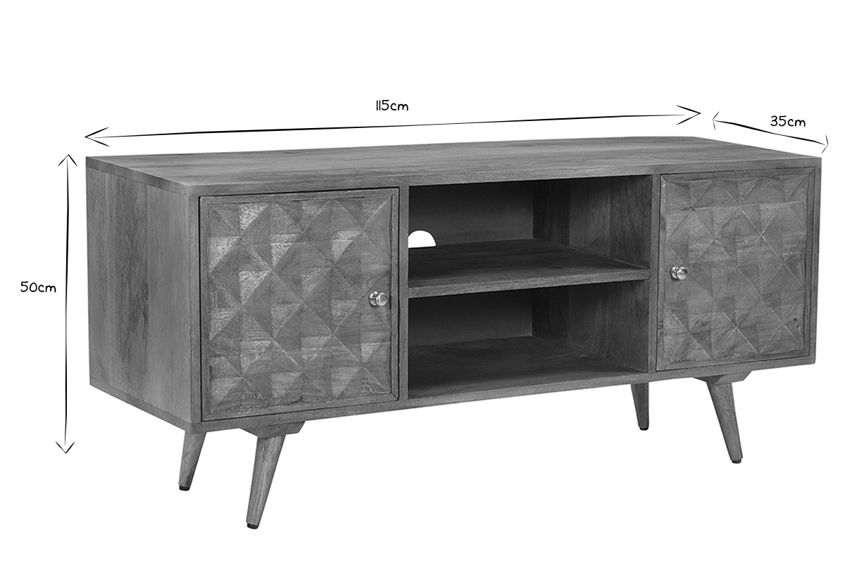 Meuble TV vintage en bois foncé manguier massif avec portes gravées motif pointe de diamant L115 cm HIRA