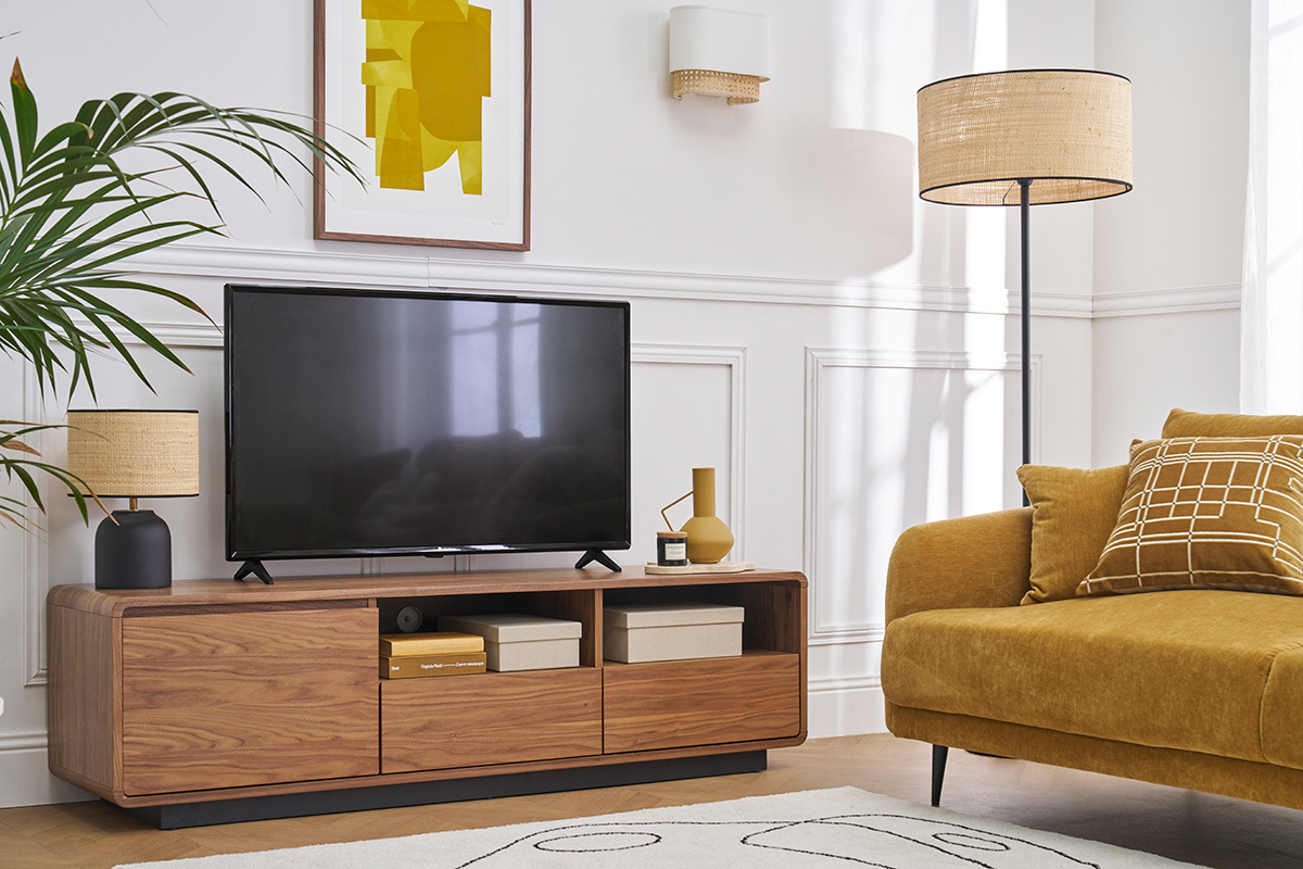 Meuble TV vintage en bois fonc noyer et mtal noir L160 cm JAKO