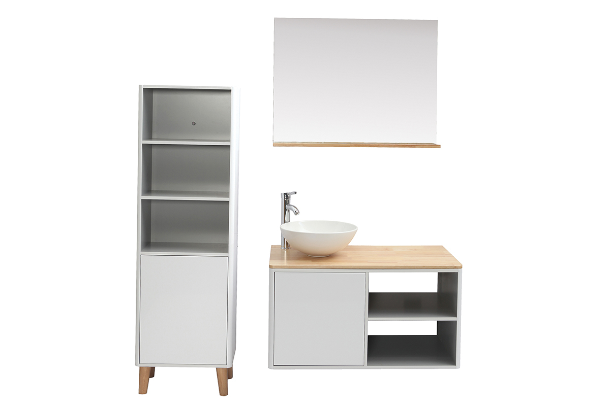 Meubles de salle de bains avec colonne et miroir blanc et bois (sans vasque) LATA