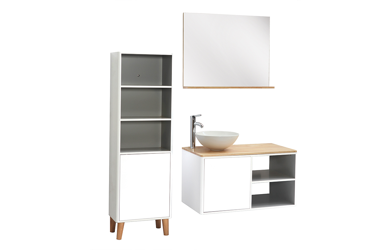 Meubles de salle de bains avec colonne et miroir blanc et bois (sans vasque) LATA