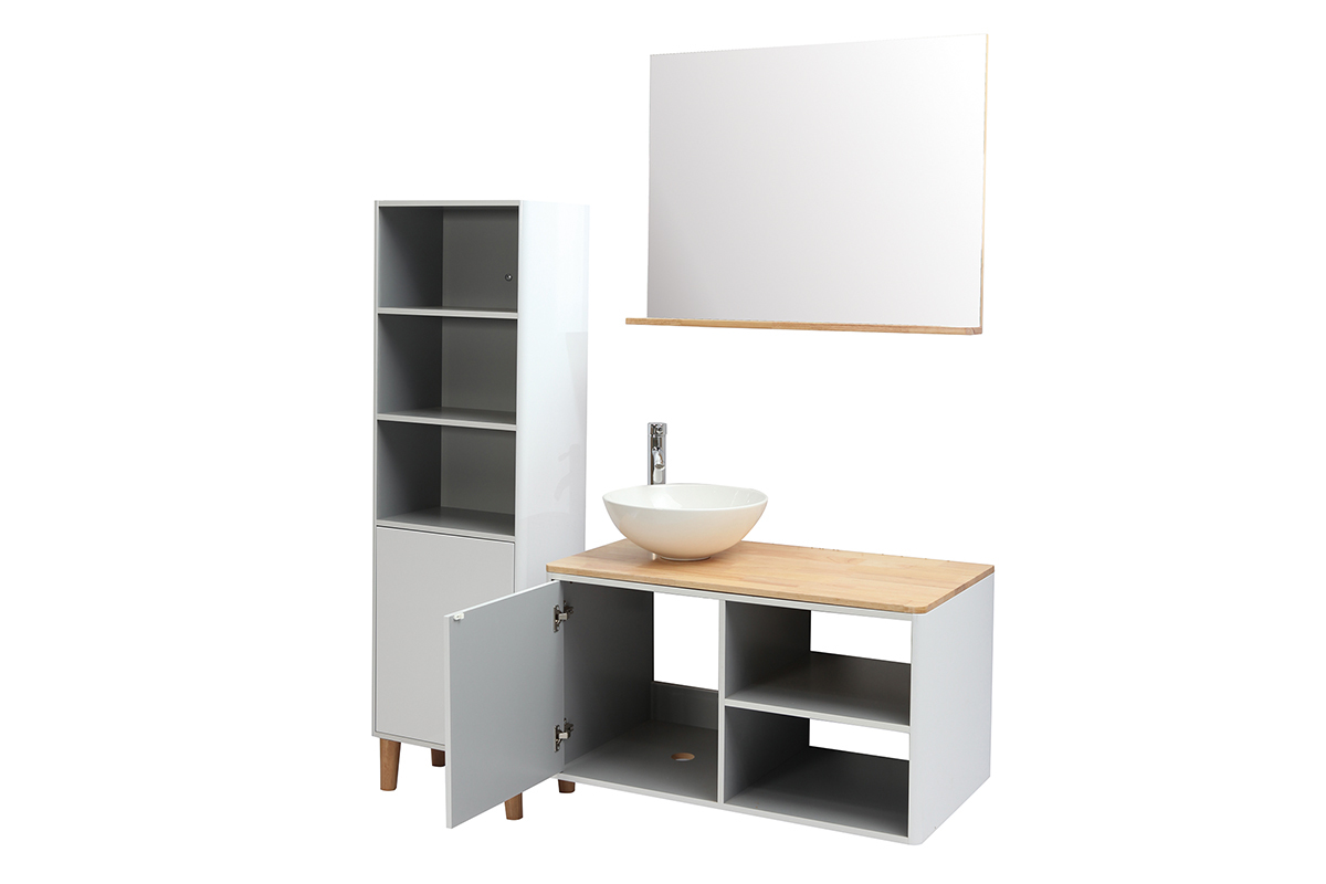 Meubles de salle de bains avec colonne et miroir blanc et bois (sans vasque) LATA