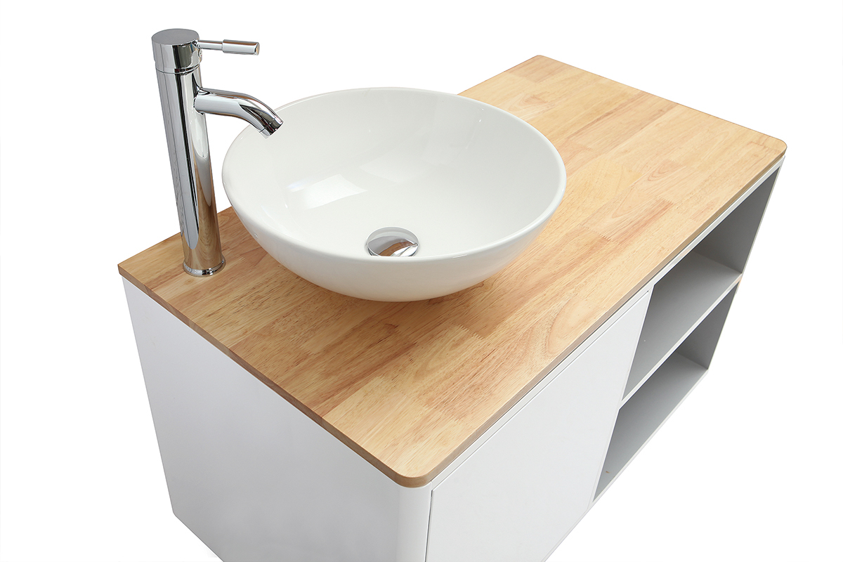 Meubles de salle de bains avec colonne et miroir blanc et bois (sans vasque) LATA