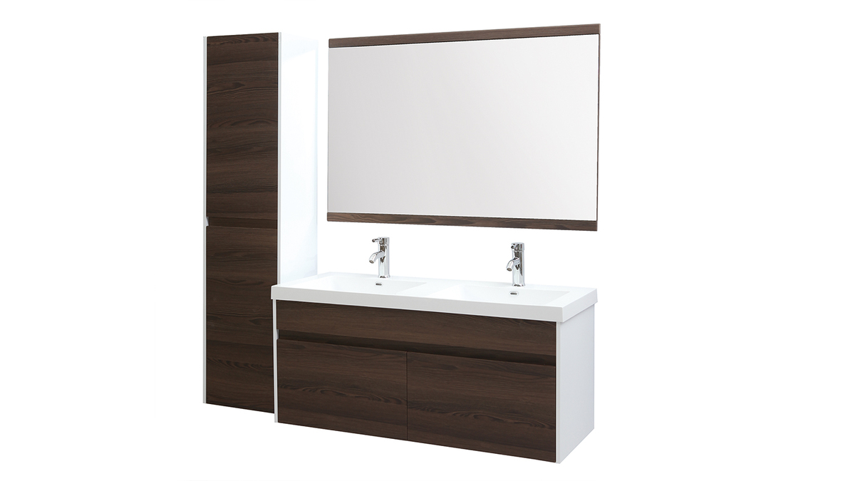 Meubles de salle de bains avec double vasque, miroir et rangements blanc et bois fonc GANFO