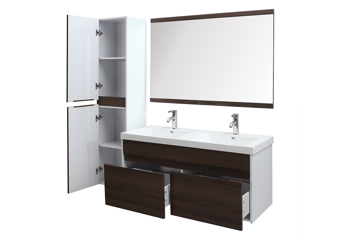 Meubles de salle de bains avec double vasque, miroir et rangements blanc et bois fonc� GANFO
