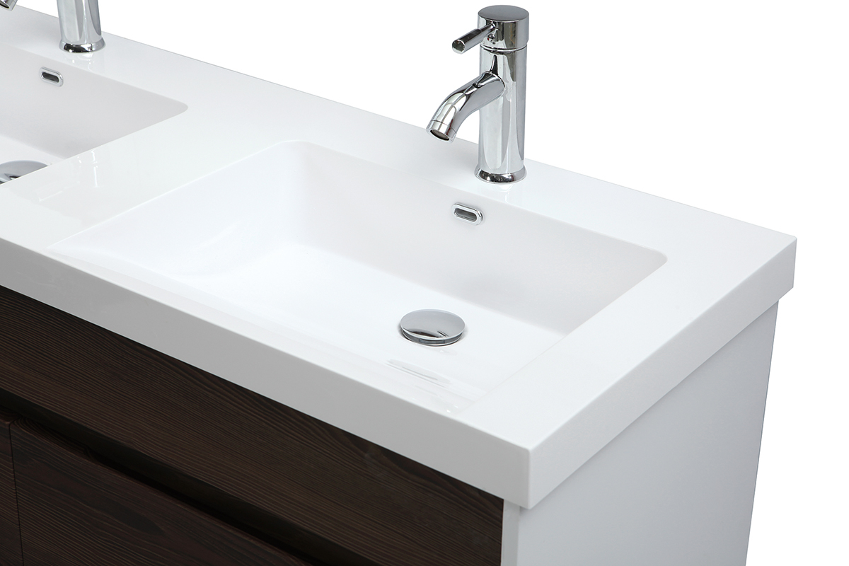 Meubles de salle de bains avec double vasque, miroir et rangements blanc et bois fonc� GANFO
