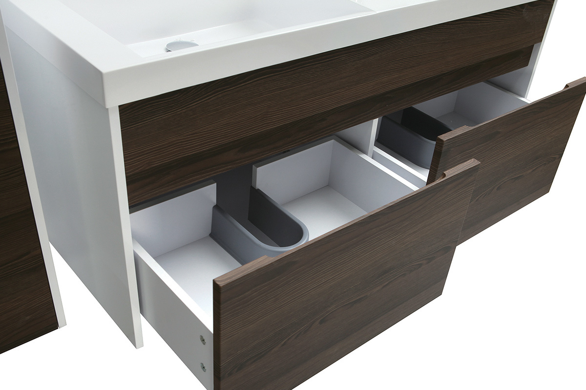 Meubles de salle de bains avec double vasque, miroir et rangements blanc et bois fonc� GANFO