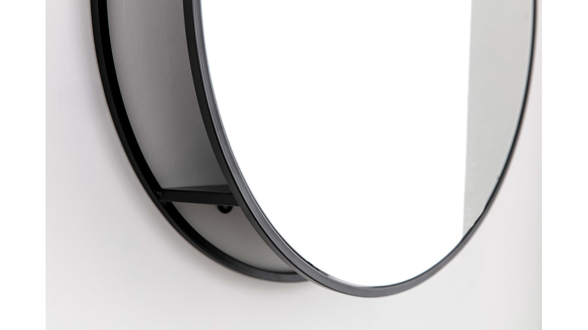 Miroir rond avec rangement mtal noir 60cm DOT