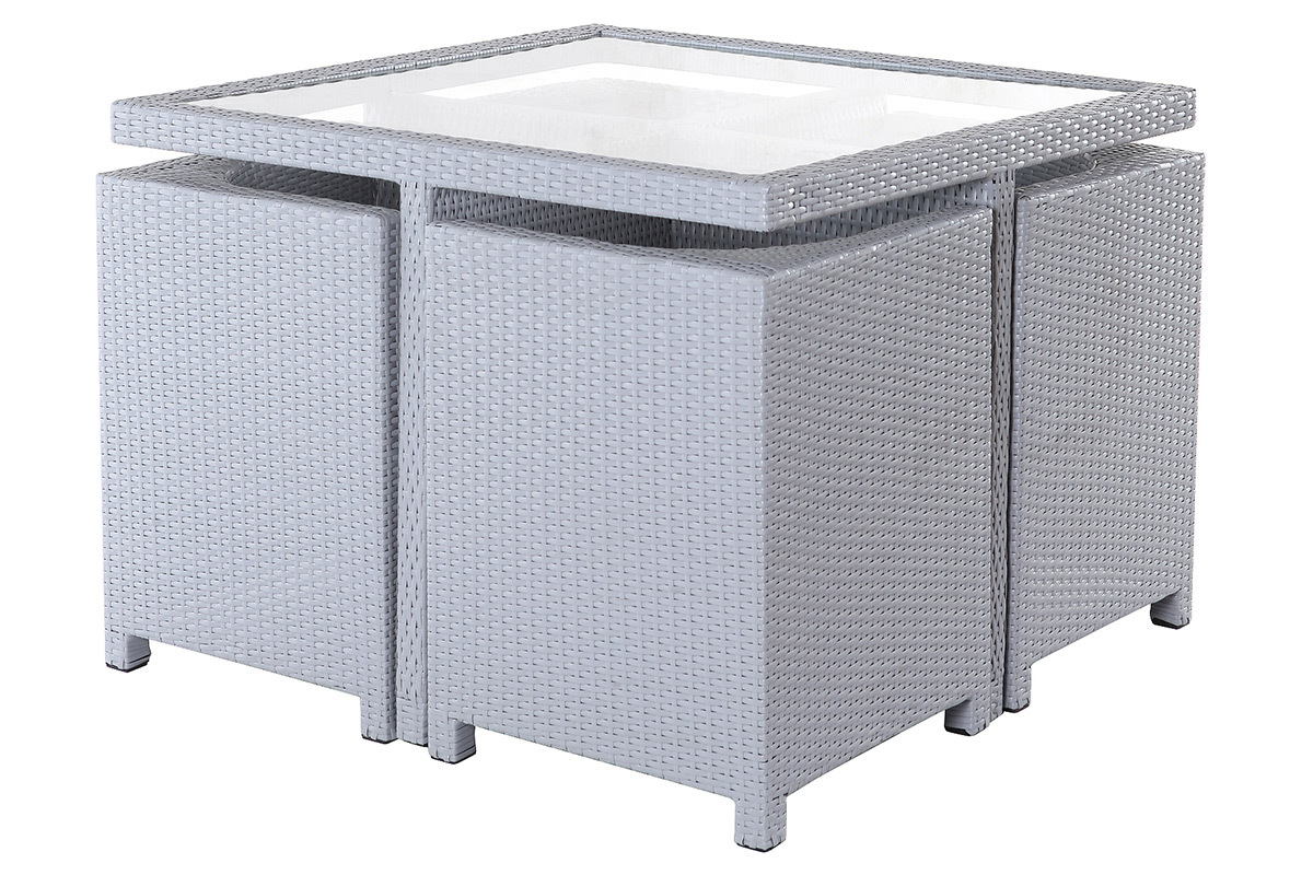 Mobilier de jardin r�sine tress�e table et chaises gris GRECQUES
