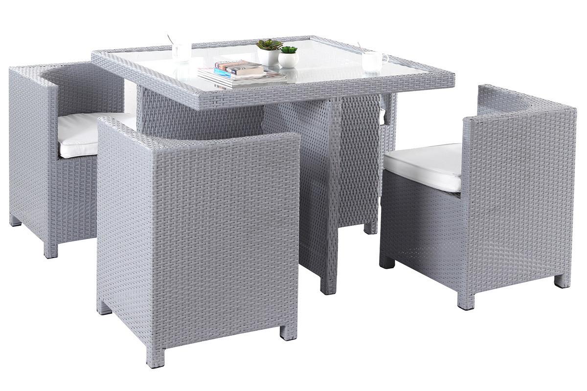 Mobilier de jardin r�sine tress�e table et chaises gris GRECQUES