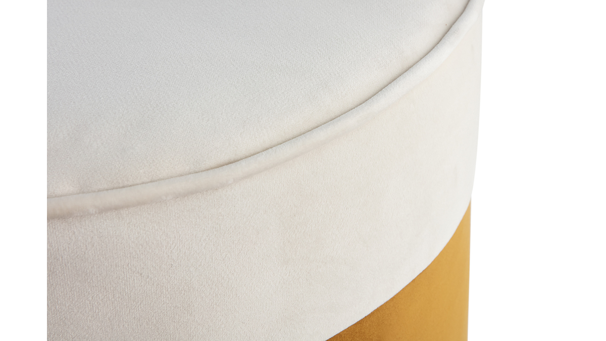 Pouf design bicolore en tissu velours blanc crme et jaune cumin D40 cm DAISY