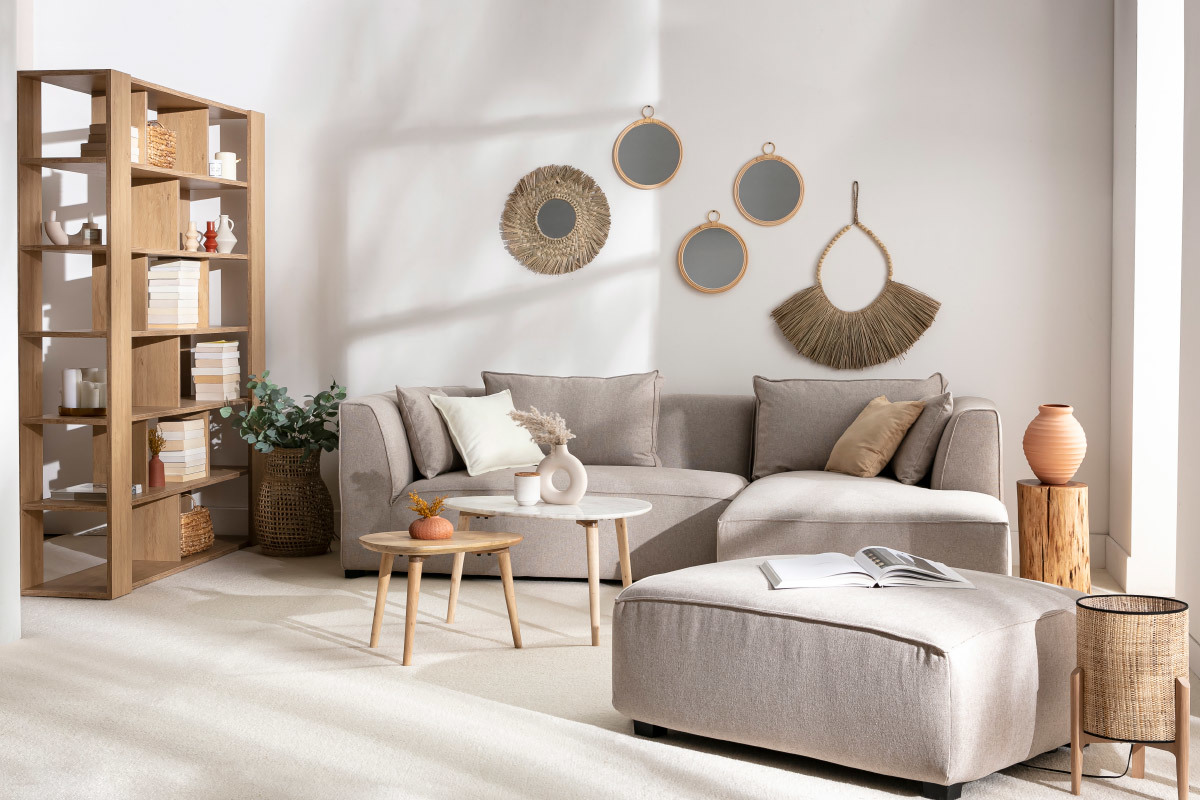 Pouf module de canap en tissu beige naturel PLURIEL