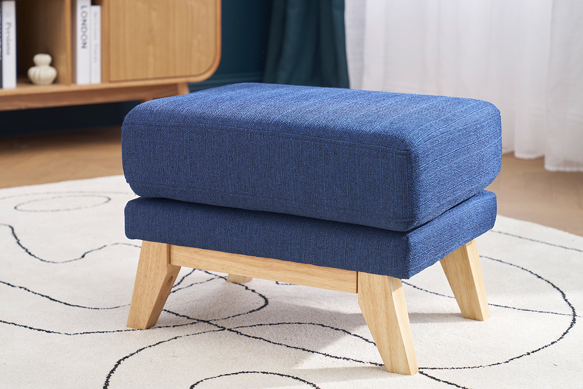 Pouf repose-pieds d�houssable scandinave en tissu bleu fonc� et bois clair OSLO