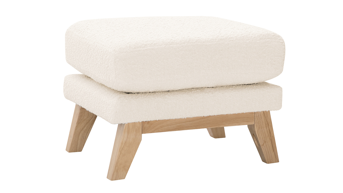 Pouf repose-pieds dhoussable scandinave en tissu effet laine boucle blanc cass et bois clair OSLO