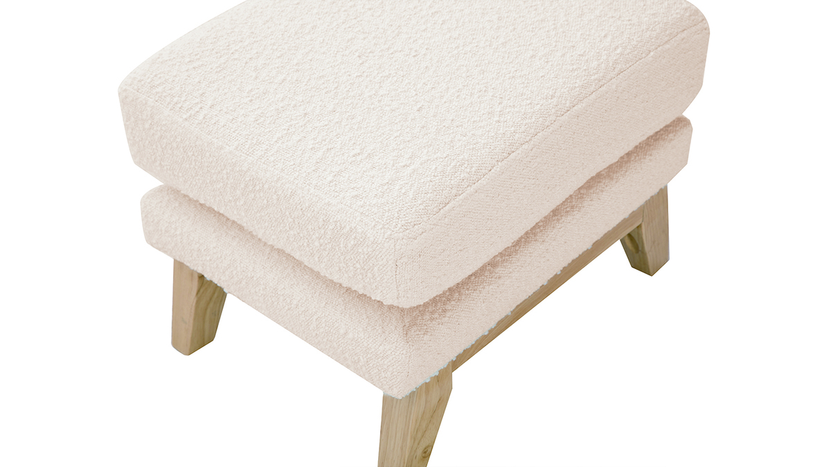 Pouf repose-pieds dhoussable scandinave en tissu effet laine boucle blanc cass et bois clair OSLO