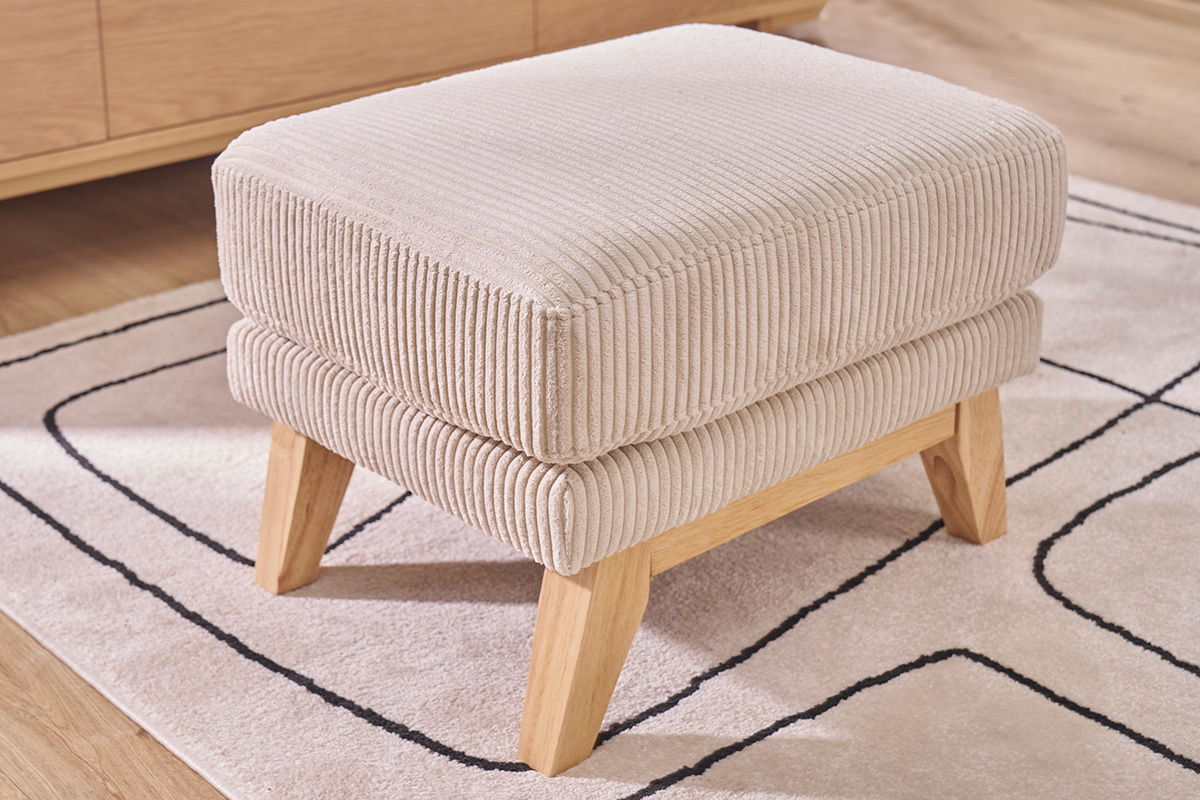 Pouf repose-pieds d�houssable scandinave en tissu velours c�tel� beige et bois clair OSLO