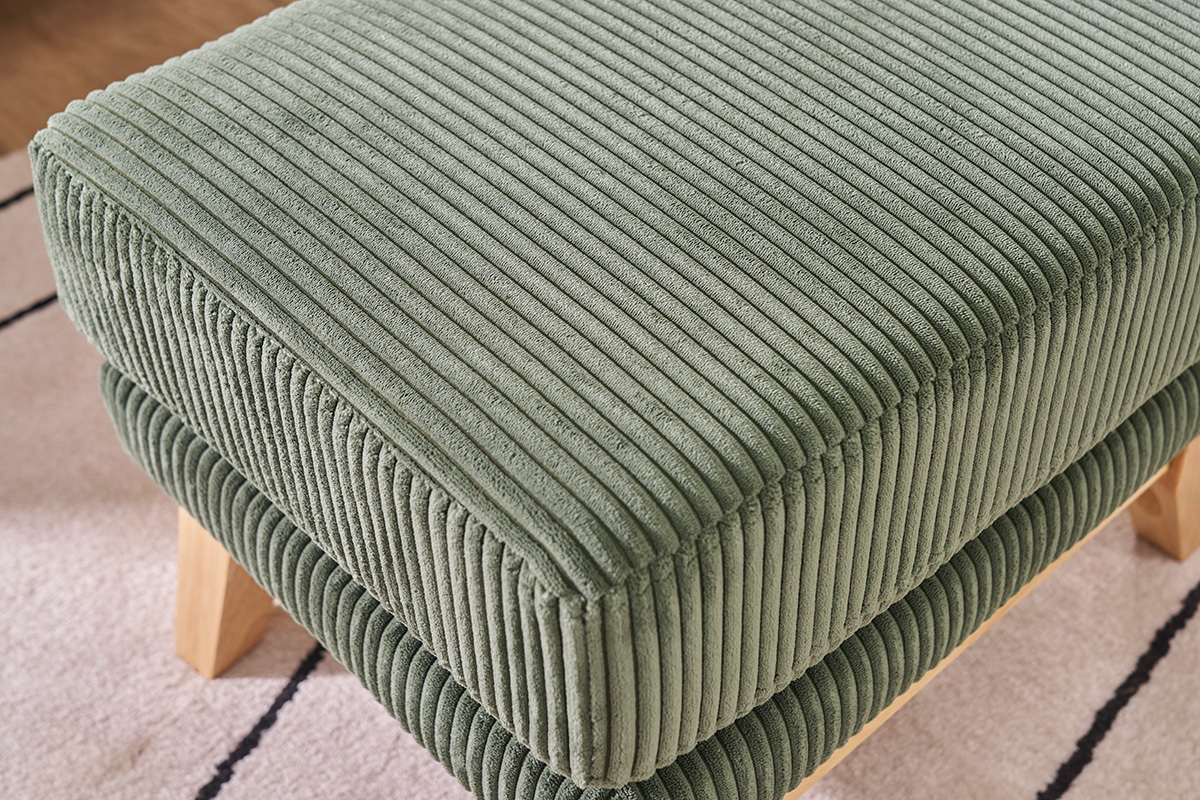 Pouf repose-pieds d�houssable scandinave en tissu velours c�tel� vert kaki et bois clair OSLO
