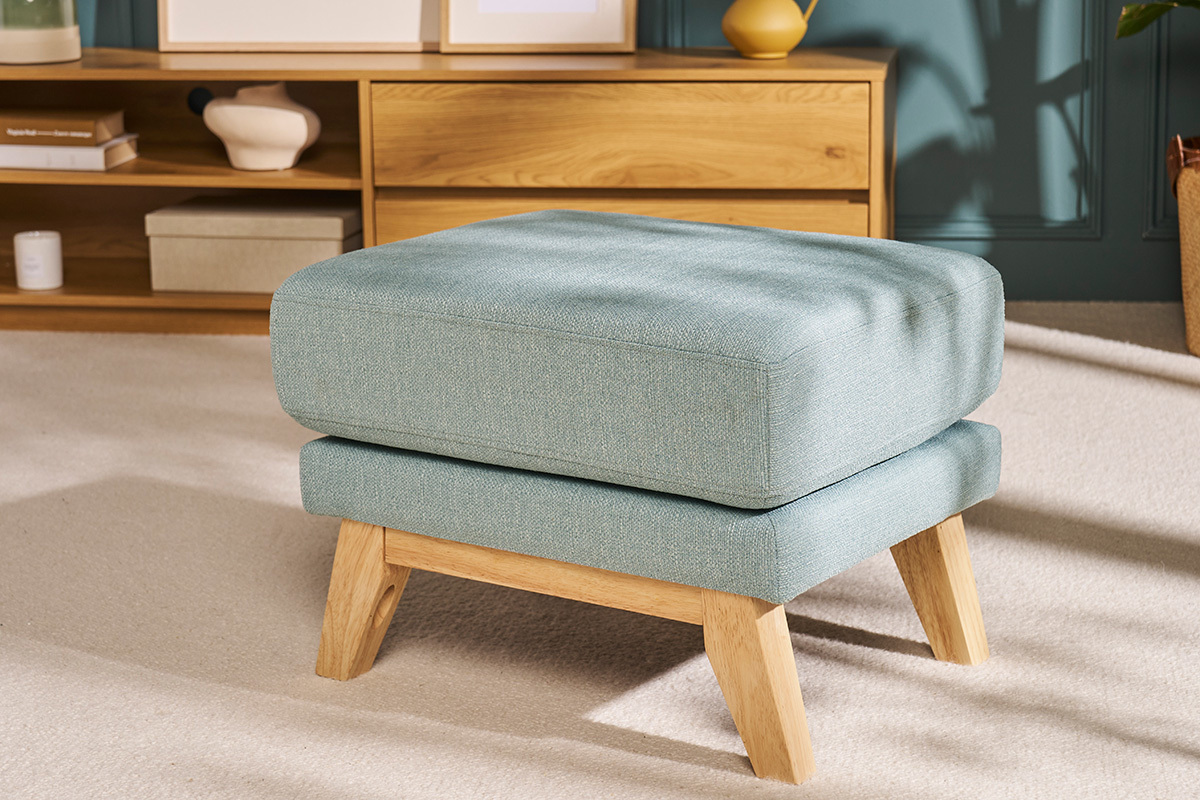 Pouf repose-pieds dhoussable scandinave en tissu vert lagon et bois clair OSLO