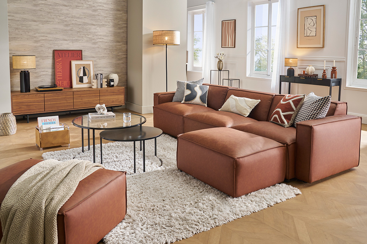 Pouf repose pieds en tissu chenille beige SPLIT