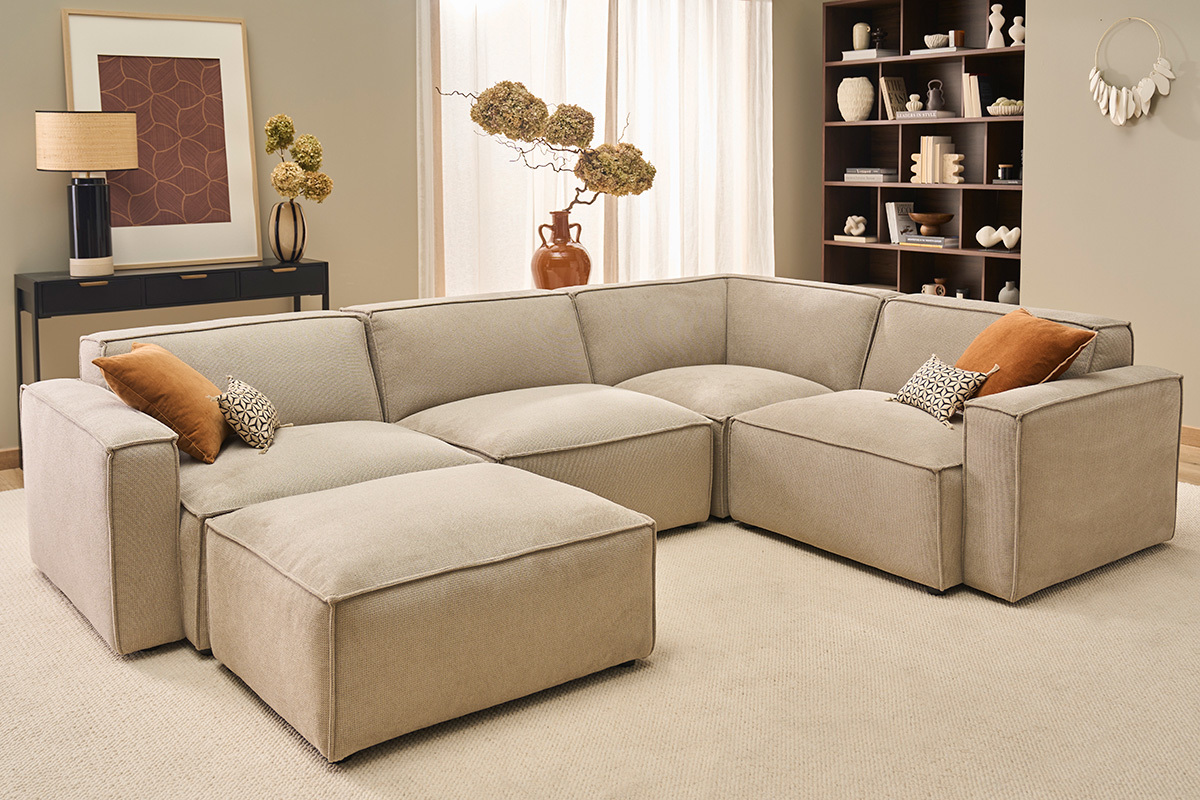 Pouf repose pieds en tissu chenille beige SPLIT