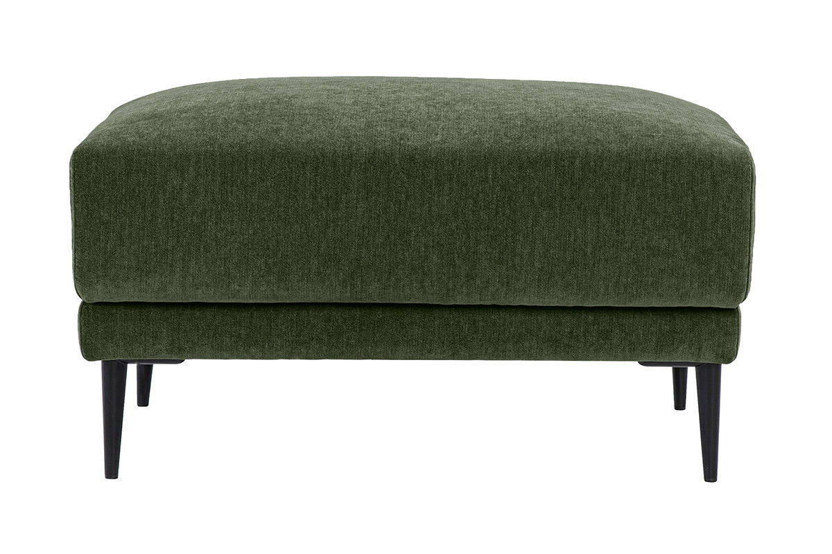 Pouf repose pieds en tissu effet velours vert kaki et m�tal noir JERRY