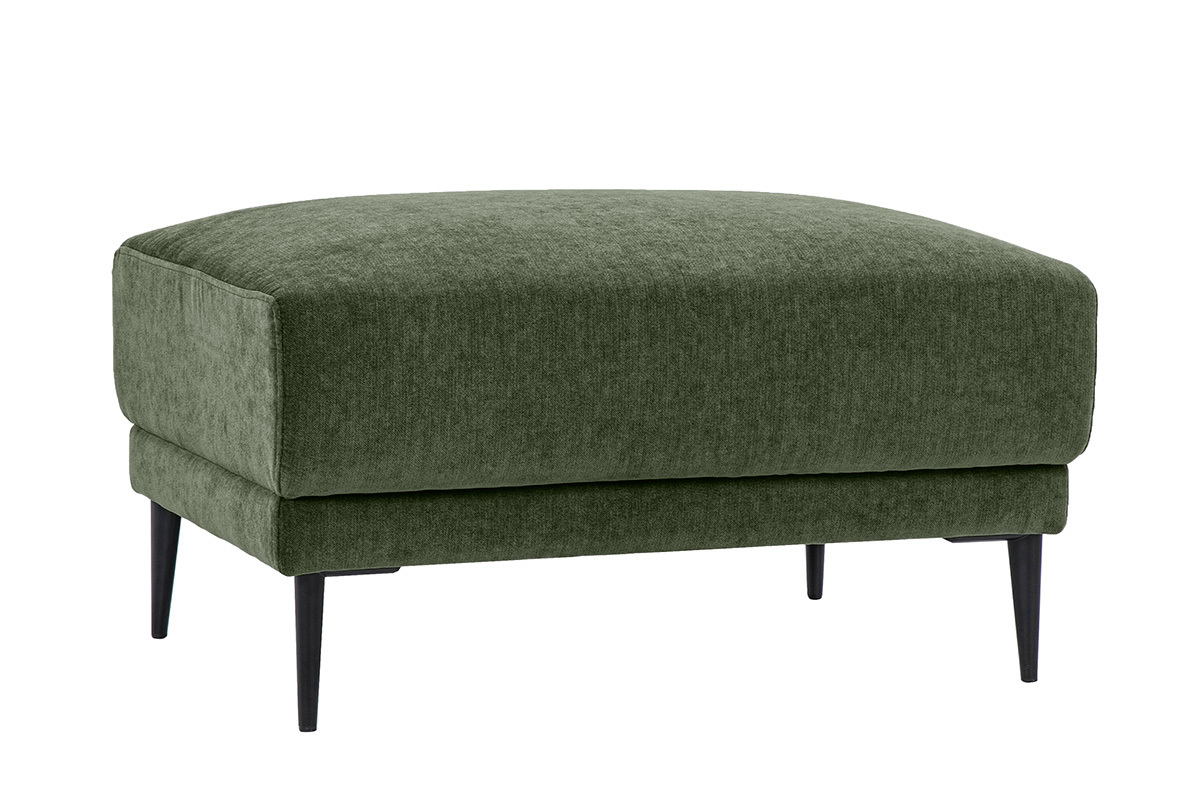 Pouf repose pieds en tissu effet velours vert kaki et m�tal noir JERRY