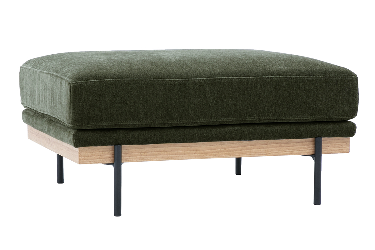 Pouf repose pieds en tissu effet velours vert kaki et m�tal noir TODD