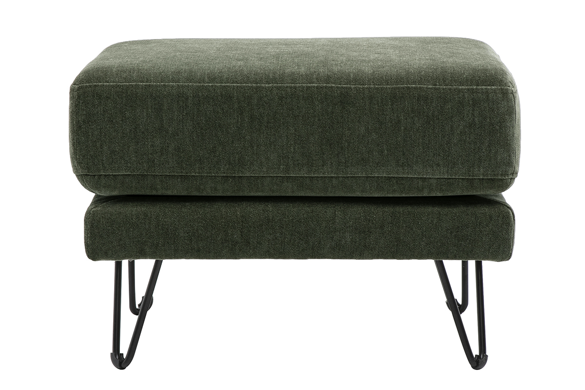 Pouf repose-pieds en tissu effet velours vert kaki et m�tal OSLO