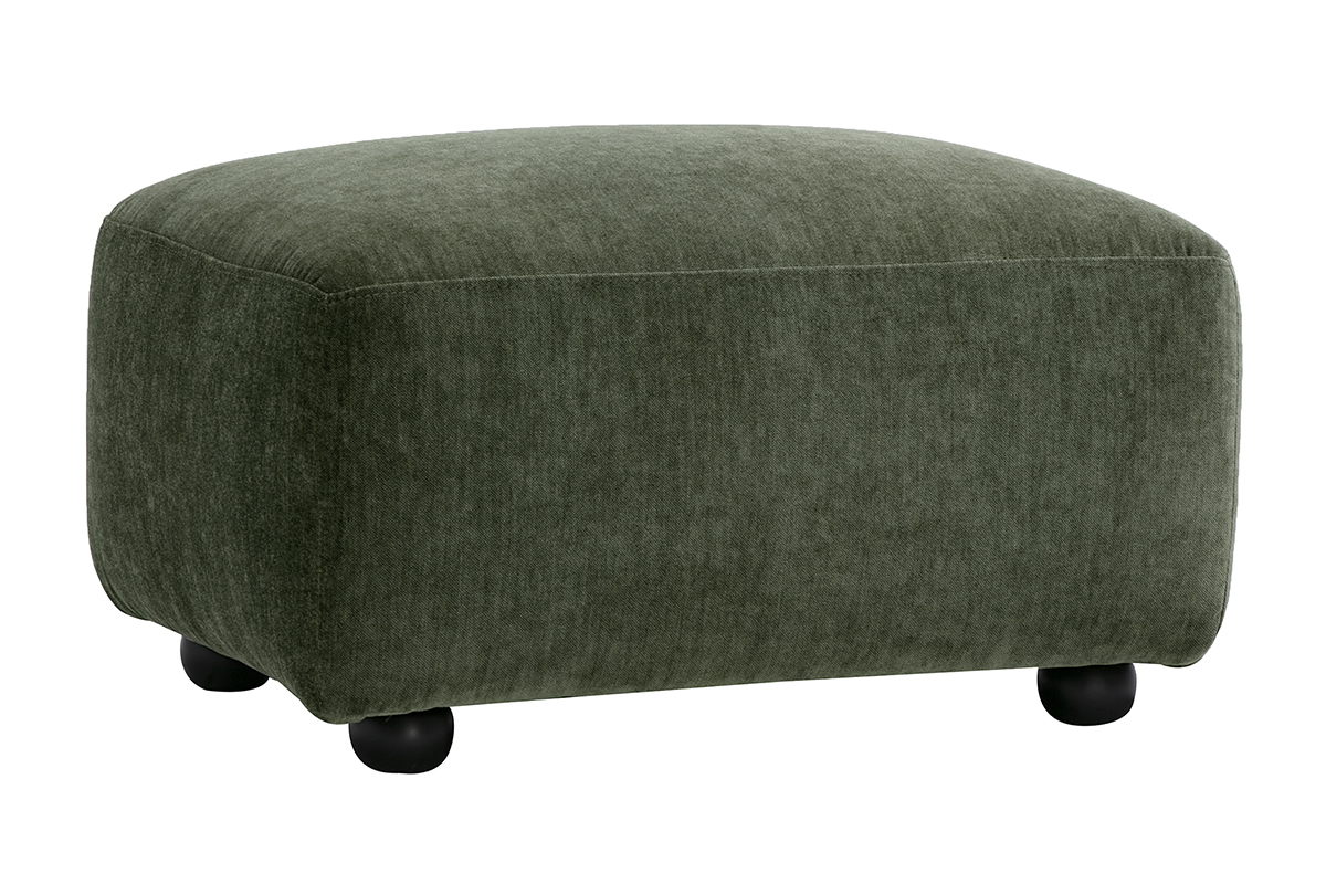 Pouf repose pieds en tissu effet velours vert kaki JOYA