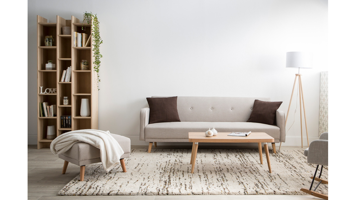 Pouf repose-pieds scandinave en tissu bleu canard et bois clair ULLA