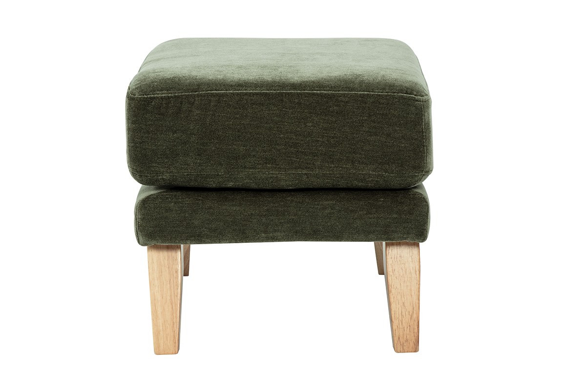 Pouf repose-pieds scandinave en tissu effet velours vert kaki et bois clair OSLO