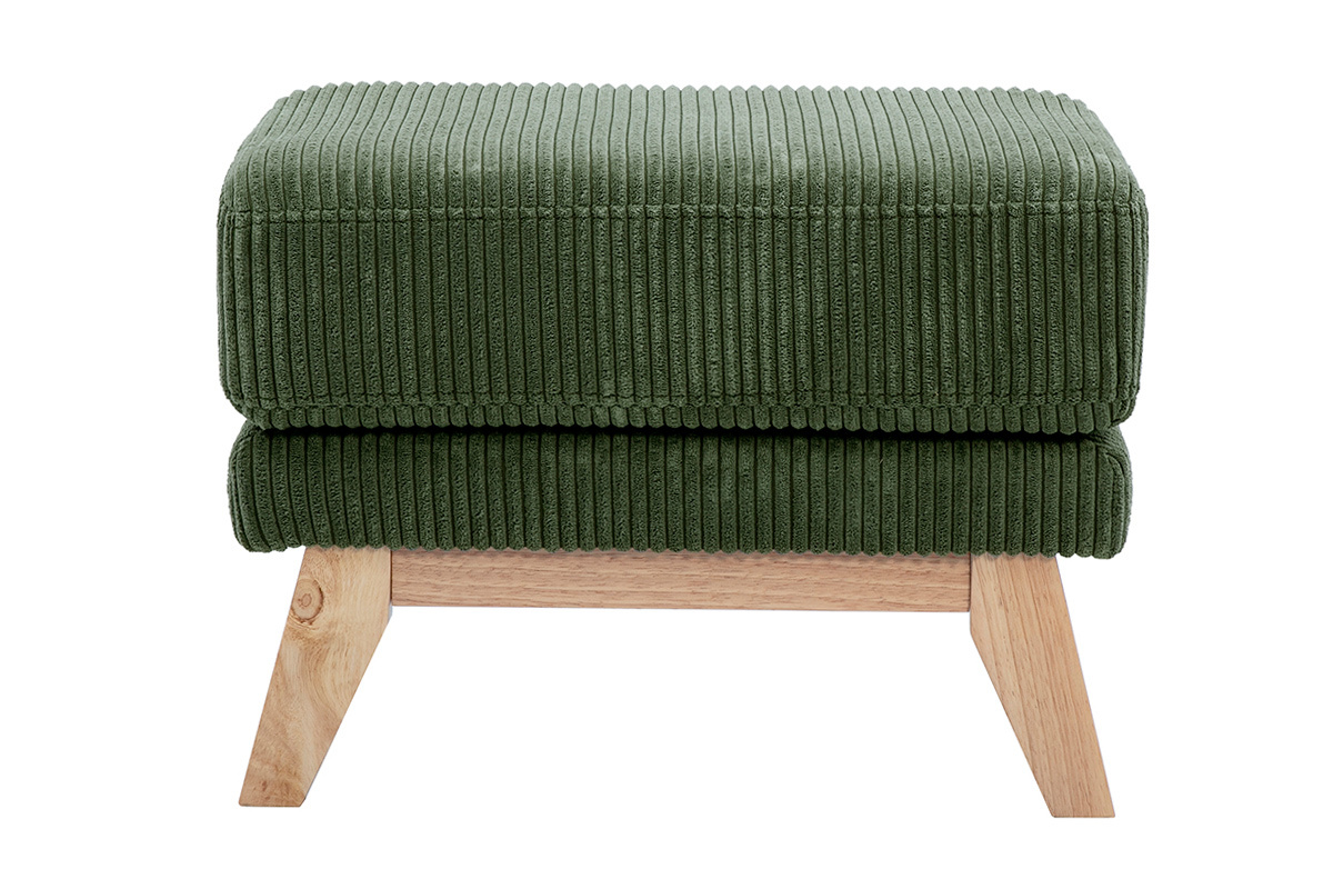 Pouf repose-pieds scandinave en tissu velours c�tel� vert kaki et bois clair OSLO