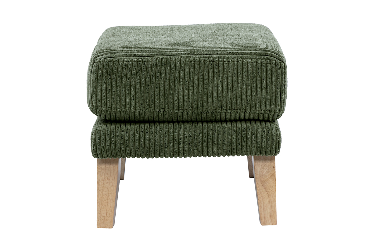 Pouf repose-pieds scandinave en tissu velours c�tel� vert kaki et bois clair OSLO