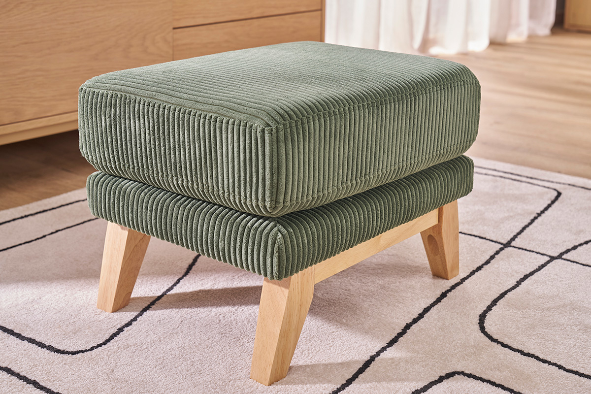 Pouf repose-pieds scandinave en tissu velours c�tel� vert kaki et bois clair OSLO