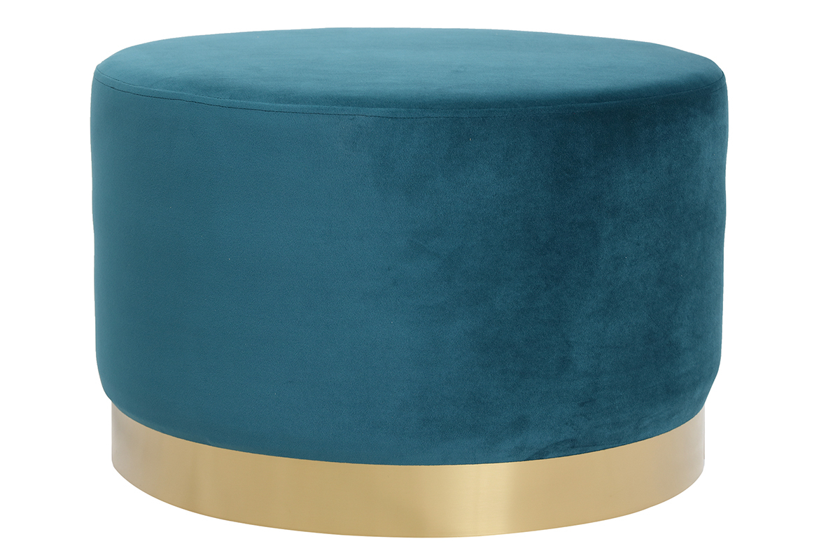 Pouf rond design en tissu velours bleu canard et métal doré D54 cm AMAYA
