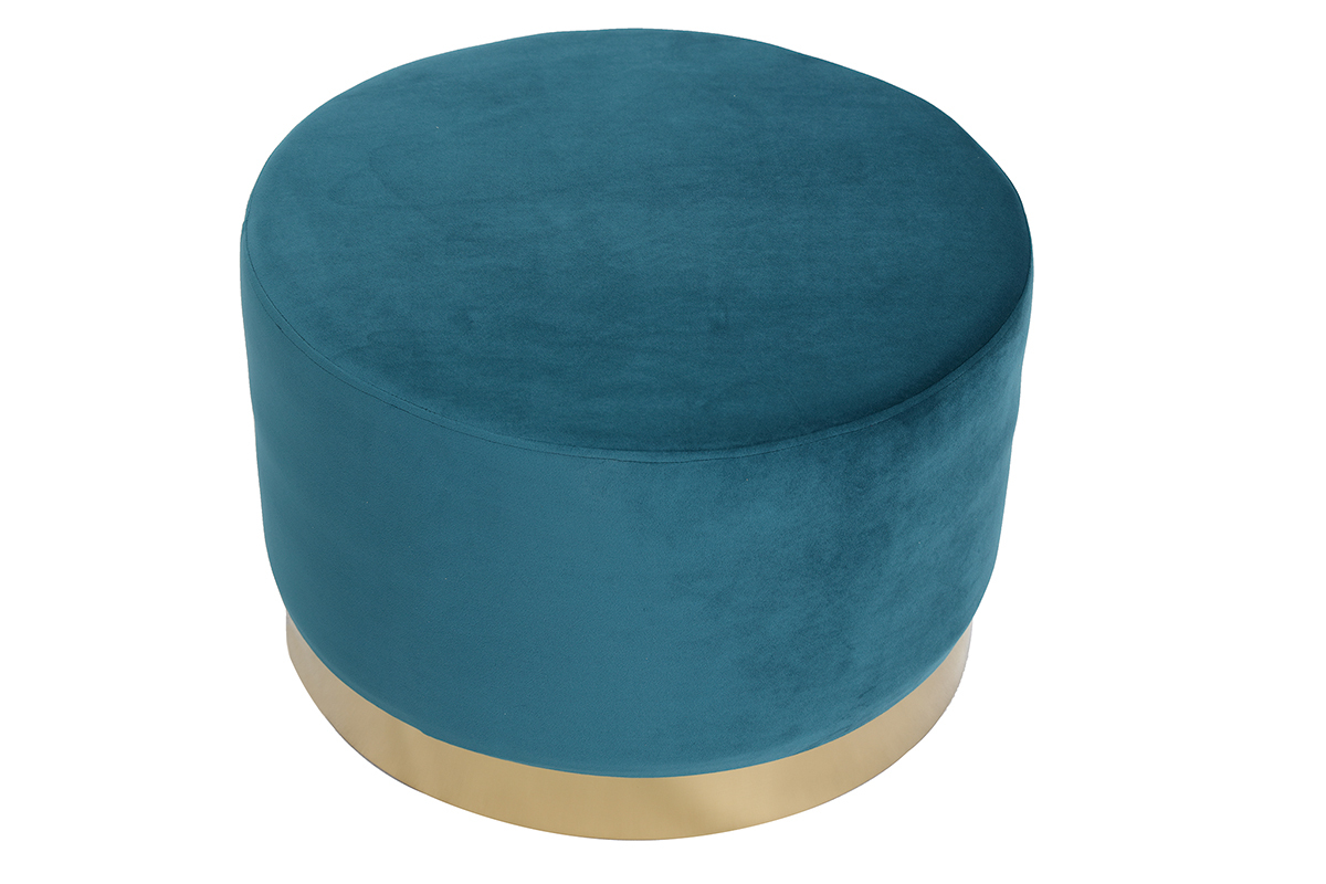 Pouf rond design en tissu velours bleu canard et métal doré D54 cm AMAYA
