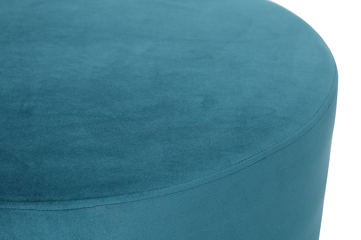 Pouf rond design en tissu velours bleu canard et métal doré D54 cm AMAYA
