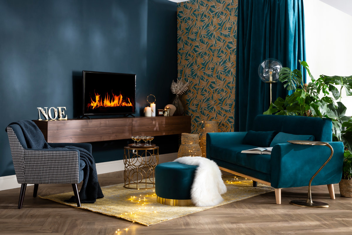 Pouf rond design en tissu velours bleu canard et métal doré D54 cm AMAYA