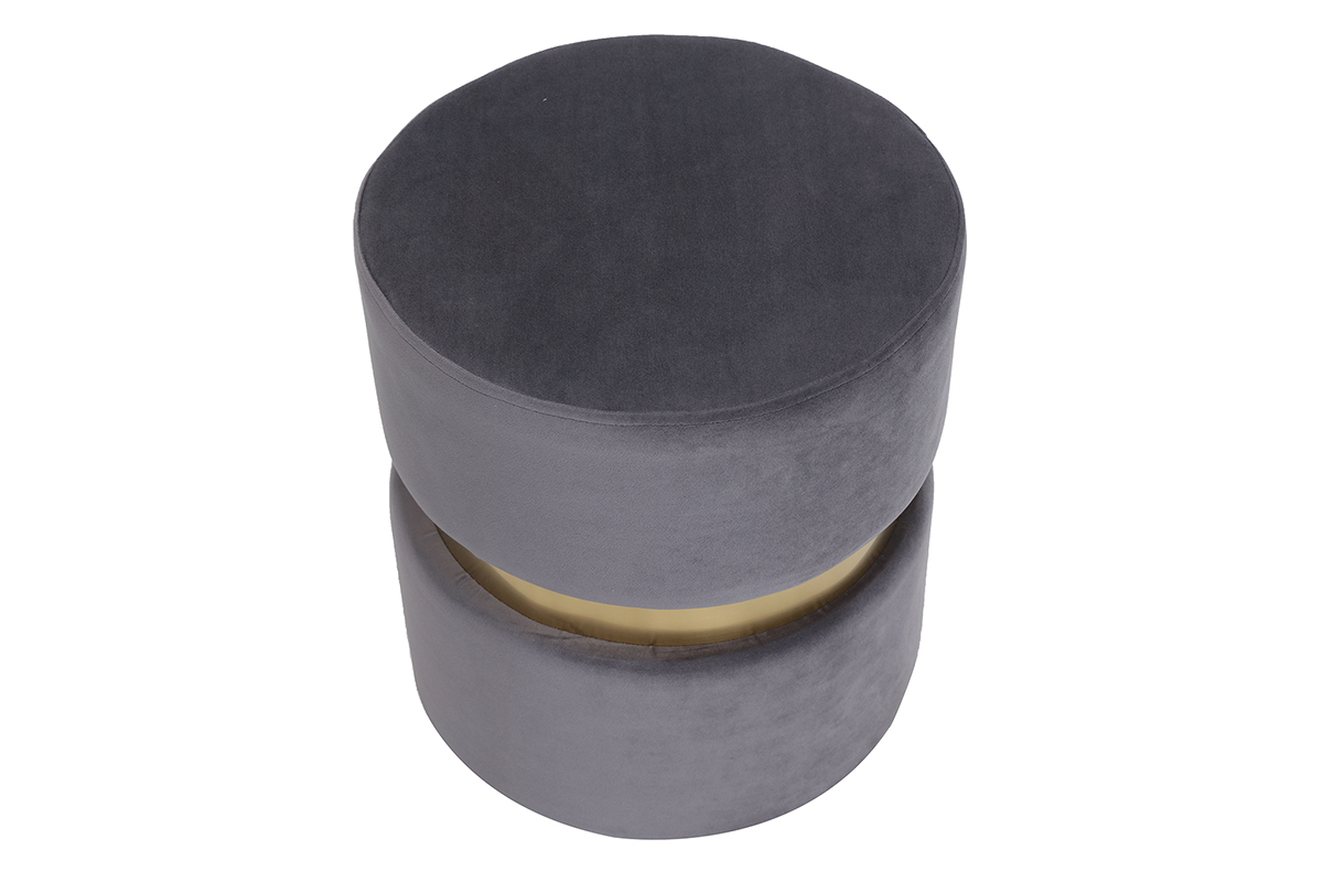 Pouf rond design en tissu velours gris et m�tal dor� D35 cm JOY