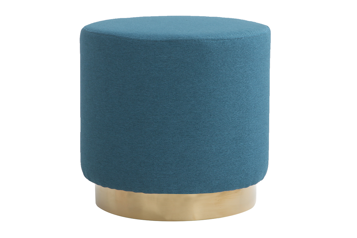 Pouf rond en tissu bleu canard et m�tal dor� BETTY