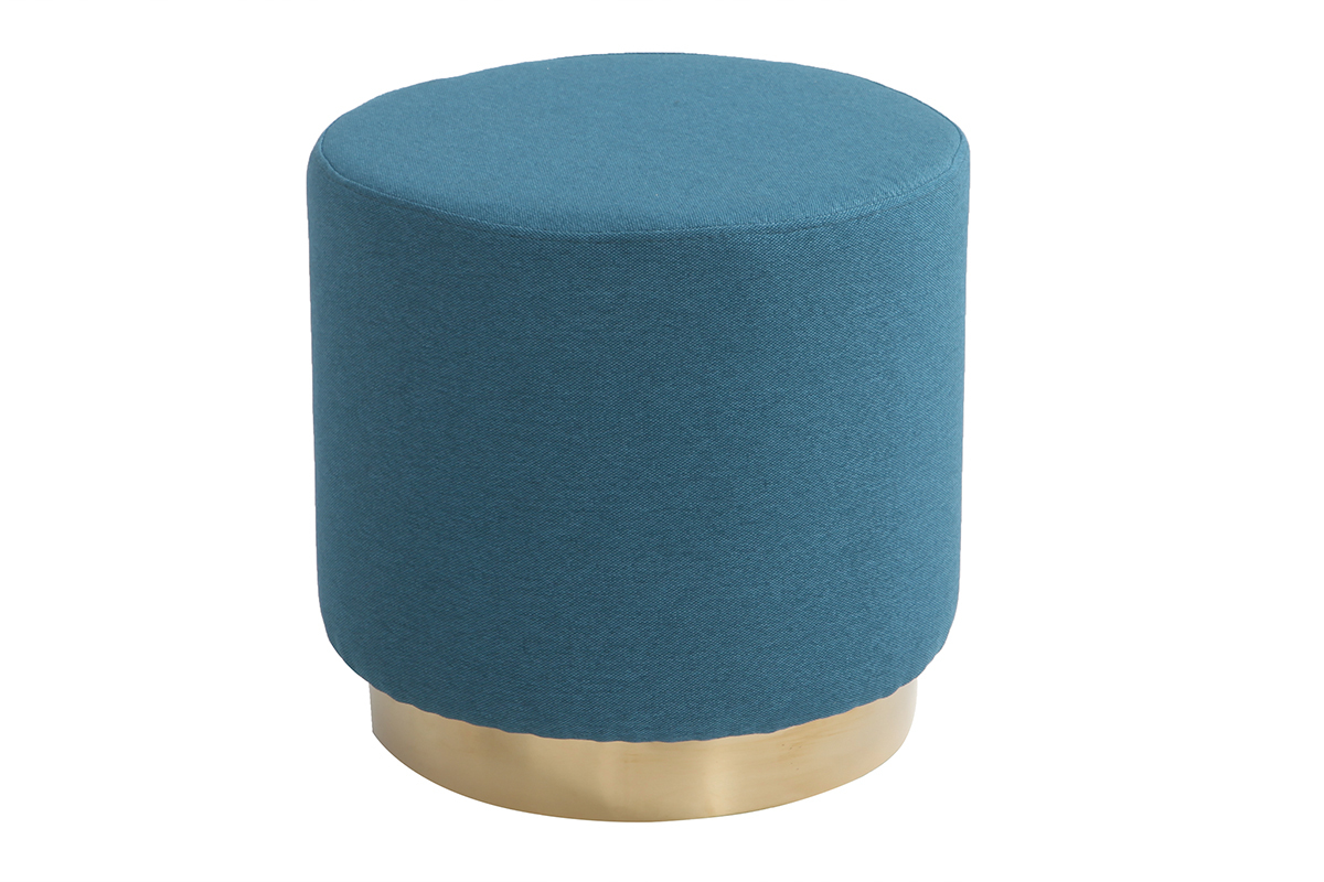 Pouf rond en tissu bleu canard et m�tal dor� BETTY